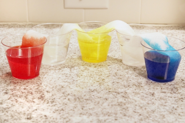 Experiment plaziaca dúha, poháriky so zafarbenou vodou